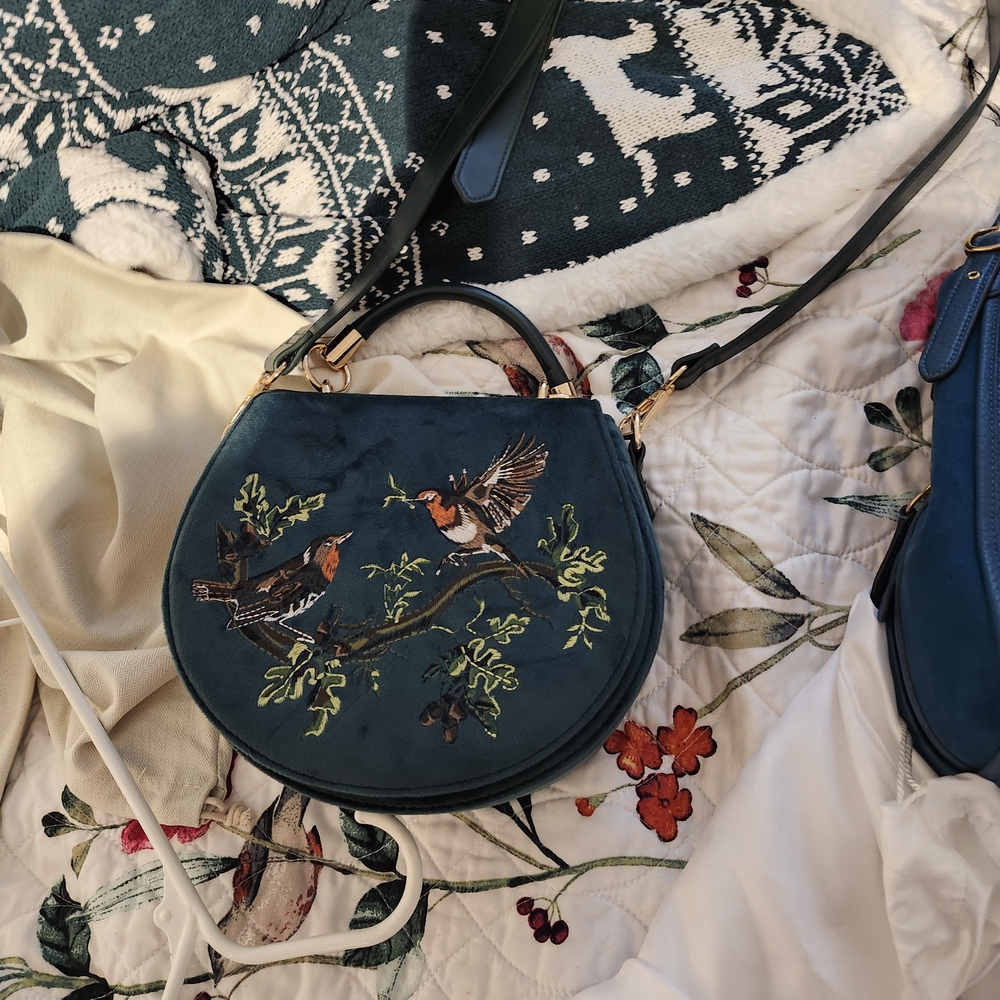 Fable England Robin Love Embroidered Saddle Bag Fern Green Velvet